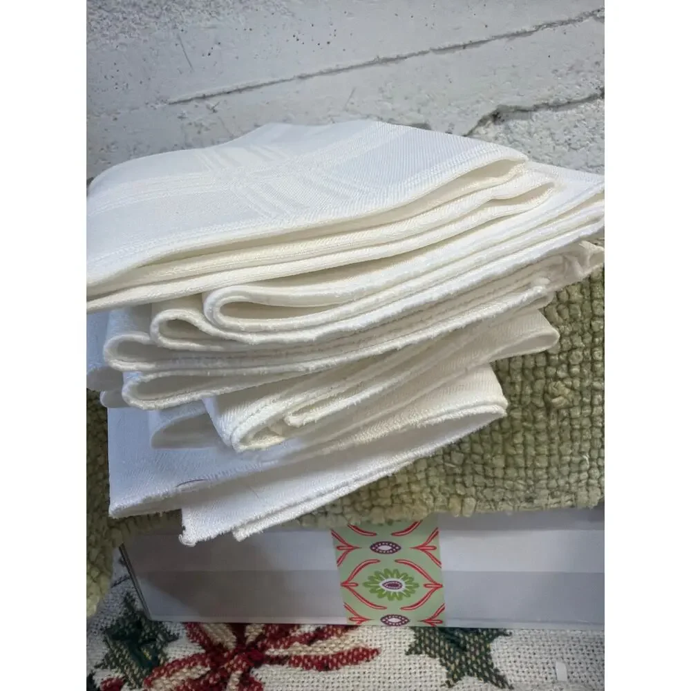 8 Vintage White Damask Plaid Cloth Dinner Napkins 17.5” Square Table Linens